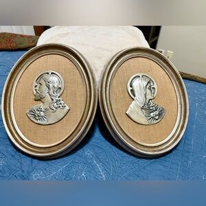 Vintage Metal Base Relief Plaques Sacred Heart Of Jesus Immaculate Heart Of Mary